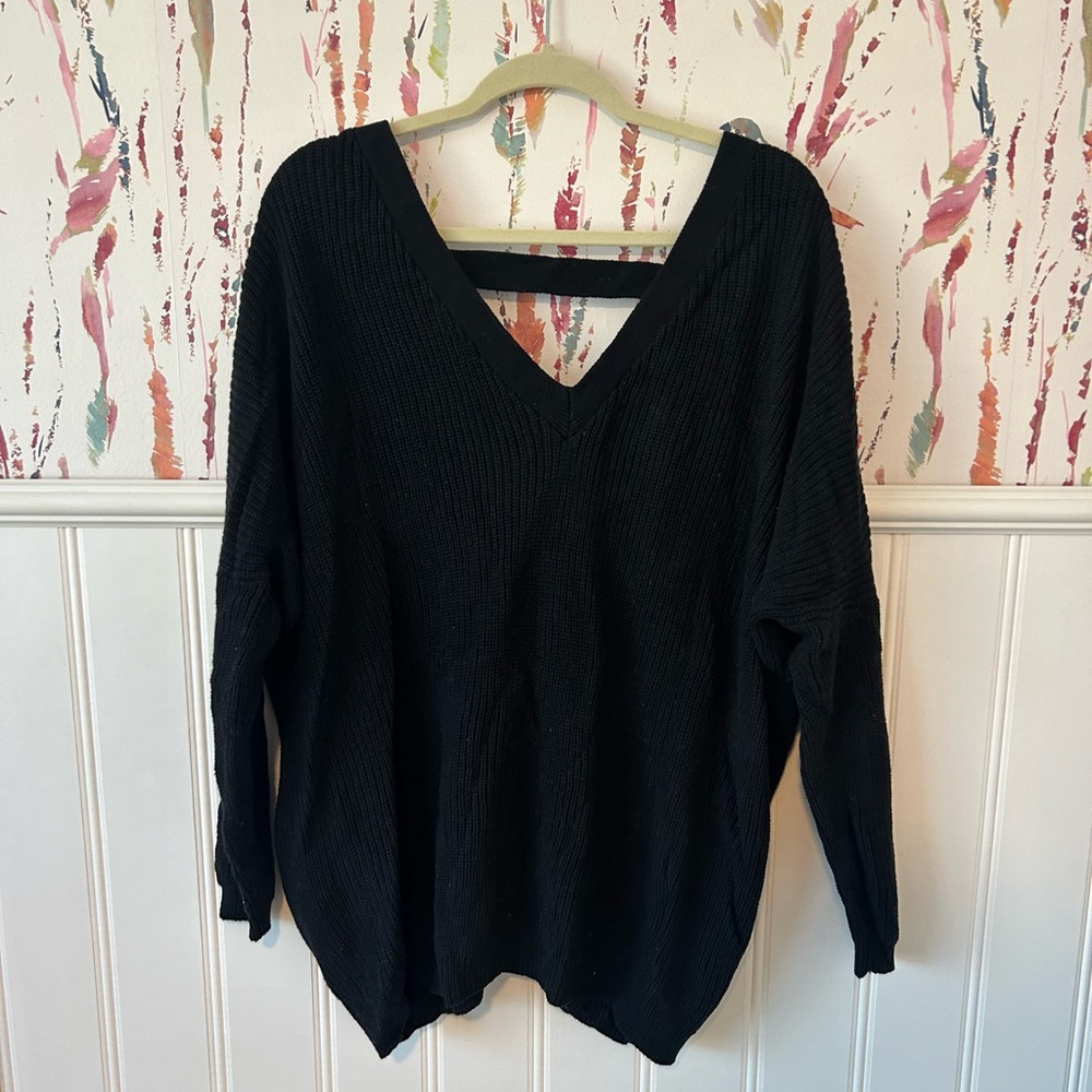 Black V-Neck Sweater with Lace Up Back Detail
